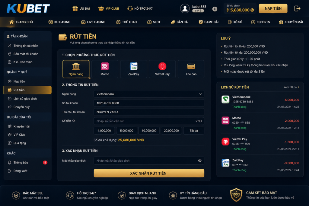 Rút tiền Kubet nhanh chóng, an toàn và đơn giản